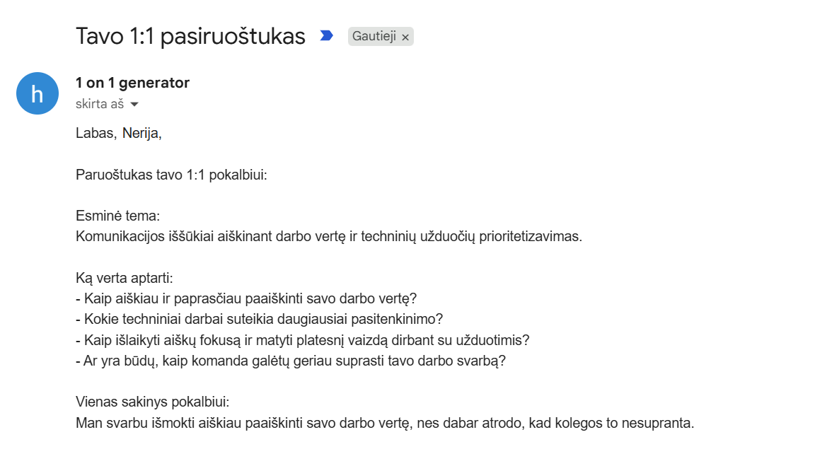 Sugeneruotas pasiruoštukas 1:1 pokalbiui